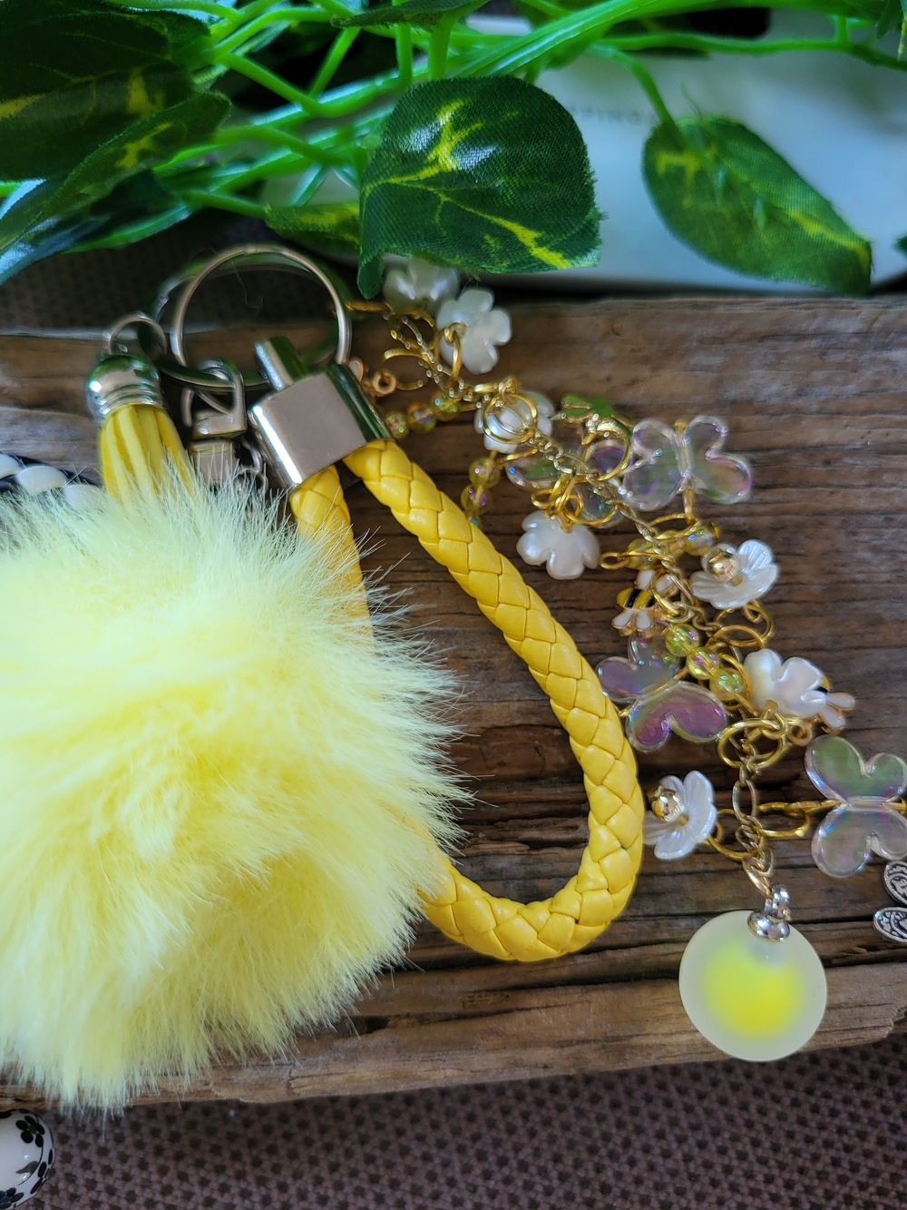 Yellow Pom-Pom Beaded Keychain with Floral And Bee Charms
